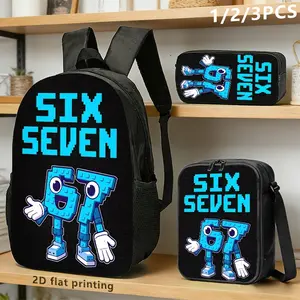 Fun "Six Seven" 3-Piece Backpack Set, Blue Pixel 67 Character Print School Bag + Lunch Bag + Pencil Case, Oxford Cloth Adjustable Strap Daypack for Kids & Gamers