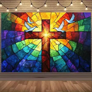 1PC 2D Flat Christian Cross Stained Glass-Style Polyester Backdrop, Reusable Party Decoration Supplies Banner for Birthday, Church-Themed Event Photography Hanging Curtain Cloth