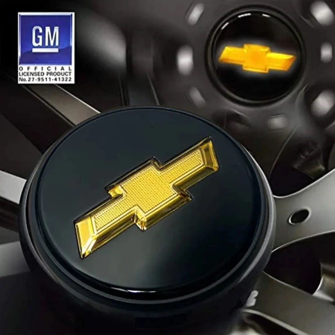 4-Pack 83mm Illuminated Chevy Wheel Center Caps, Classic Gold Bowtie on Black ABS (Acrylonitrile Butadiene Styrene) Decor for 2014-2021 Silverado, Suburban, Tahoe Trucks with Glowing Logo