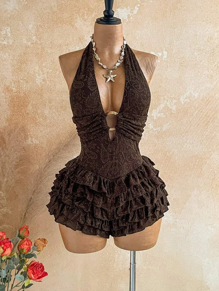 ICONIX Knit Backless Jumpsuit With Round Ring Decor, Elegant For Women, Suitable For Halloween, Christmas, Vacation, Sexy,No Breast Pads