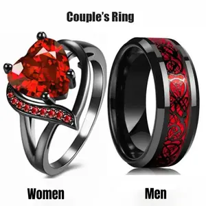 Fashion couple rings, wedding rings, romantic heart shaped engagement rings for women and red wedding rings for men