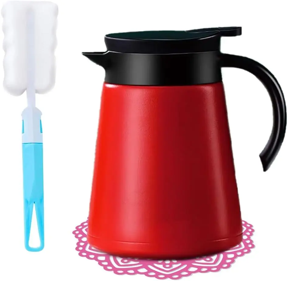 30 oz Mini Stainless Steel Thermal Carafe Coffee Pot - Double Wall Vacuum Insulated Drinkware with Handle and Lid (Red)