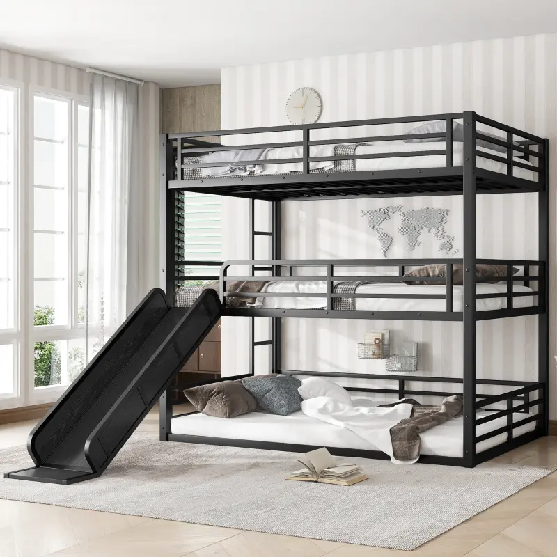 Full-Over-Full-Over-Full Modern Triple Bunk Bed with Slide, 3-Levels Safety Rails, Heavy-Duty Metal Frame, Noise-Free, Easy Set-Up, Black