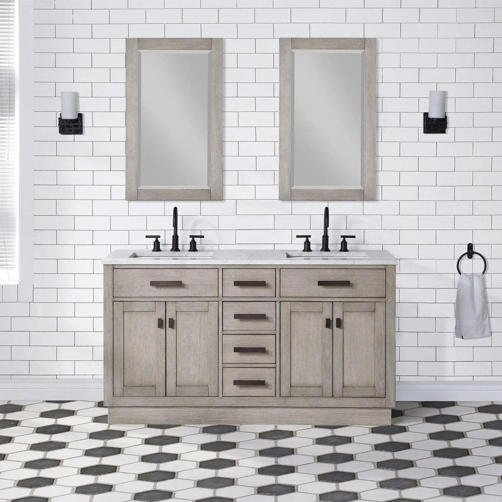 Water Creation Chestnut 60" Double Sink Carrara White Marble Countertop Vanity In Grey Oak