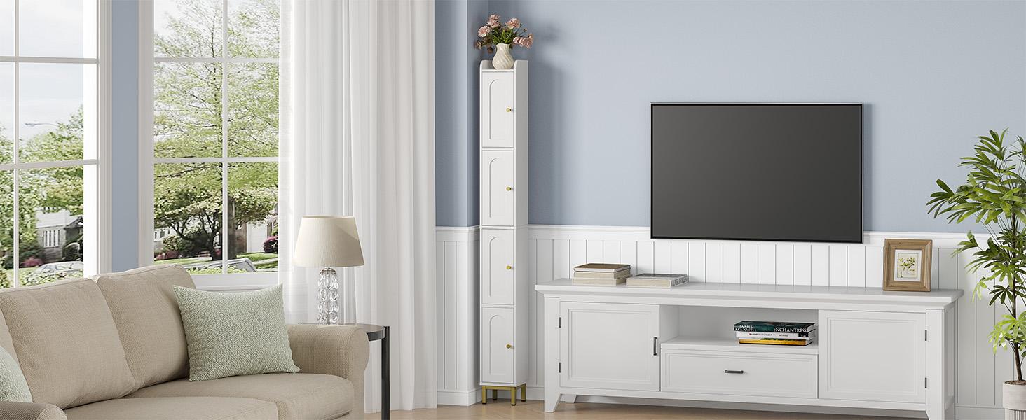 Hzuaneri 4-Tier Narrow Tall Interior Storage Cabinet, 7.9x7.9x70.9" Slim Bathroom Floor Unit with 4 Adjustable Feet, Shelves & Compartments, Space-Saving Organizer for Small Bathrooms, Kitchen, Interior Storage Furniture
