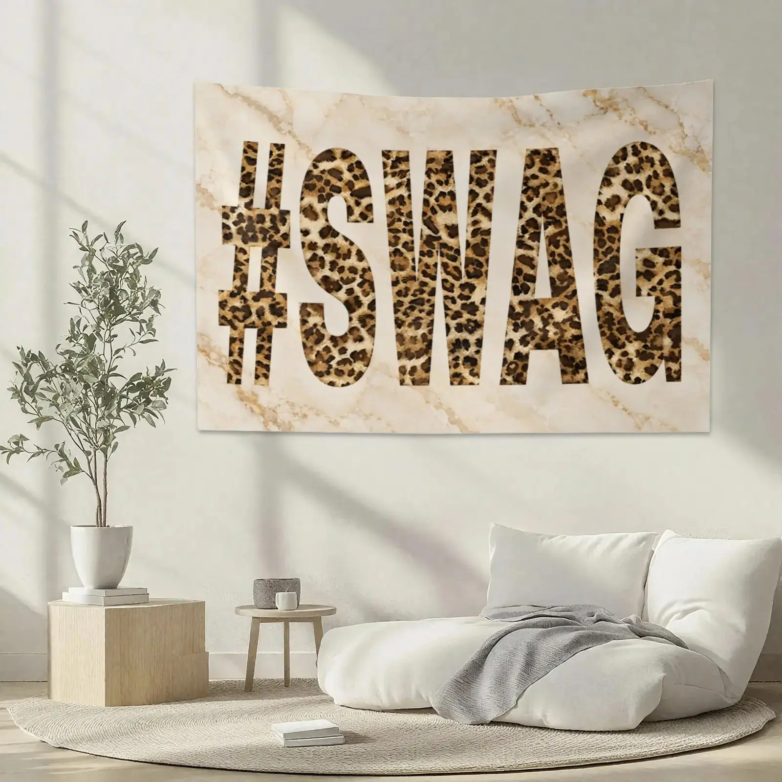 Trendy Burgundy SWAG Letter Realistic Leopard Fur Print Retro Hip Hop Room Wall Hanging Tapestry, Home Decor Banner, Backdrop Banner for Indoors Room Decor