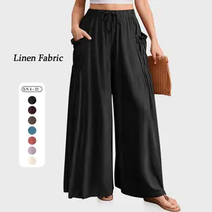 TARSE Women Casual Linen Palazzo Pants Loose Fit Boho Wide Leg Baggy Trousers with Pockets Oversize Summer Vacation Womenswear Work Pants