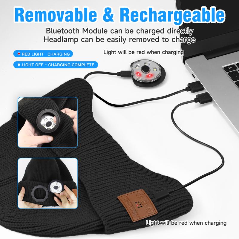 Bluetooth Beanie with Flashlight, LED Hat with Cordless Headphones, USB Rechargeable Unisex Hat, Hands-Free Lighting, Sports Mucis Headband, Bluetooth Headband, Perfect Christmas Gift