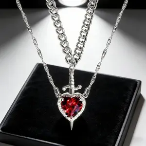 KC Heart Pendant Necklace, Unisex, Zirconia Dagger Cross Layered Necklace, Couple Matching Jewelry Set, Gothic Hip-Hop Cross Necklace, Romantic Heart Pendant, Fashion Unisex Chain, Valentine's Day Gift, Couples Freak Gifts