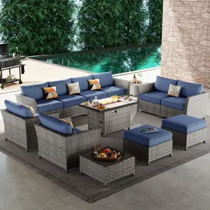 OVIOS Rimaru 13-Piece Outdoor Patio Furniture Set with 42" Rectangle Fire Pit Table, All-Weather Wicker Sofa Set with Cushions, Partially Assembled for Backyard Patio Porch Deck Garden Outdoor Seating
