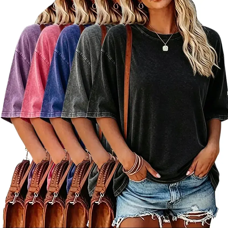 Women's 5-Pack Minimalist Vintage Acid Wash Round Neck Pure Cotton Short Sleeve Loose Fit Crew Neck T-Shirts, Breathable Skin-Friendly All Seasons Basic Tops for Layering, Machine Washable Casual Tees, Solid Plain