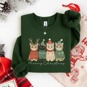 Meowy Christmas Cat Sweatshirt, Cute Holiday Kitten Pullover, Festive Cats in Sweaters Graphic Sweater for Men and Women, Cozy Xmas Gift Top