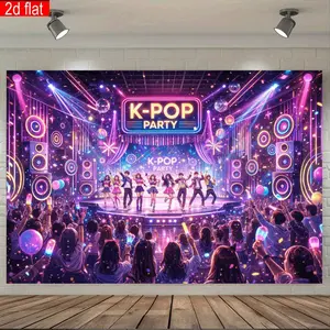 2D K-Pop Party Backdrop, Neon Stage Design, Dance Silhouettes, Sound System & Balloons, Durable Polyester, Indoor Outdoor Decor