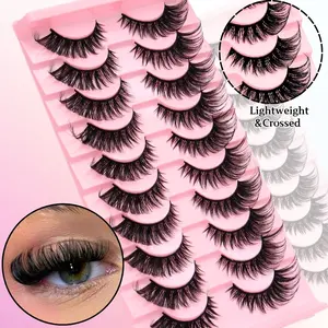 10 pairs of makeup eyelashes - Light, Lightweight, fluffy cat's eye style, crossed, three-dimensional natural appearance, strip-shaped Synthetic false eyelashes, D-curled, fragrance-free, suitable for creating dramatic eye effects