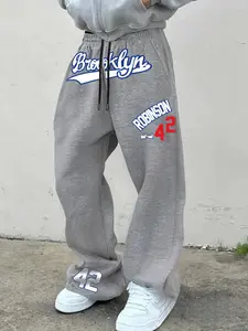 American Vintage Brooklyn Print Casual Pants, Unisex Loose Wide Leg Sports Long Pants, Comfortable Breathable Fabric, Street Style Joggers, Letter Print Sweatpants