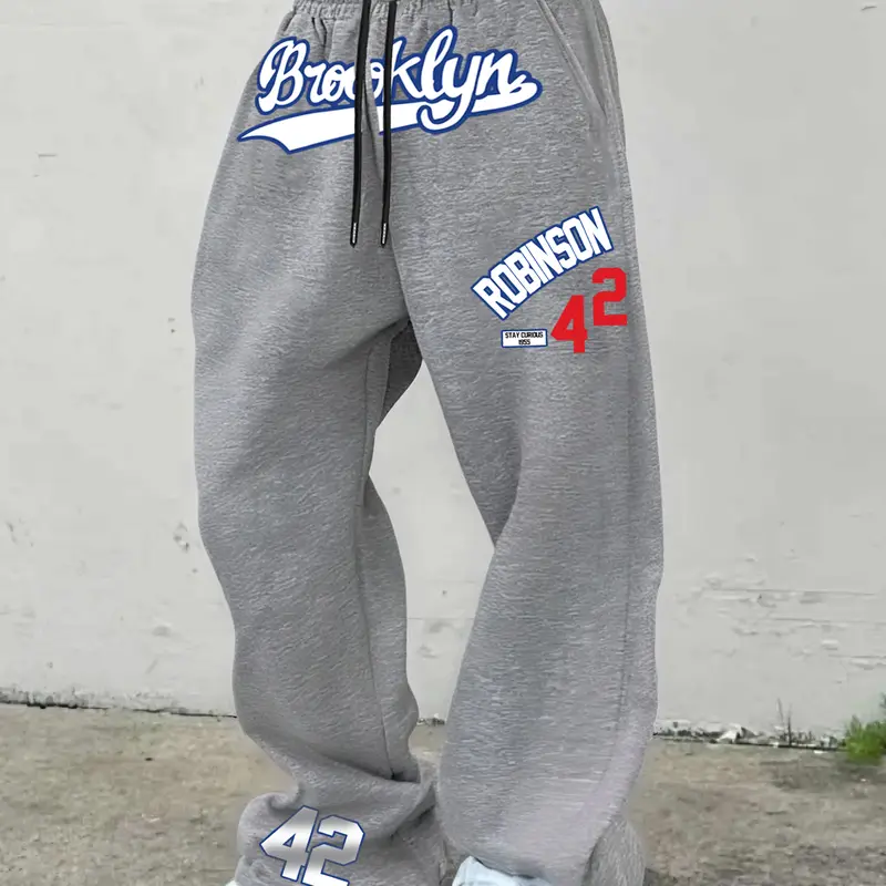 American Vintage Print Casual Sportswear Pants, Unisex Loose Fit Wide Leg Sports Long Pants, Breathable Polyester Fabric, Streetwear Style