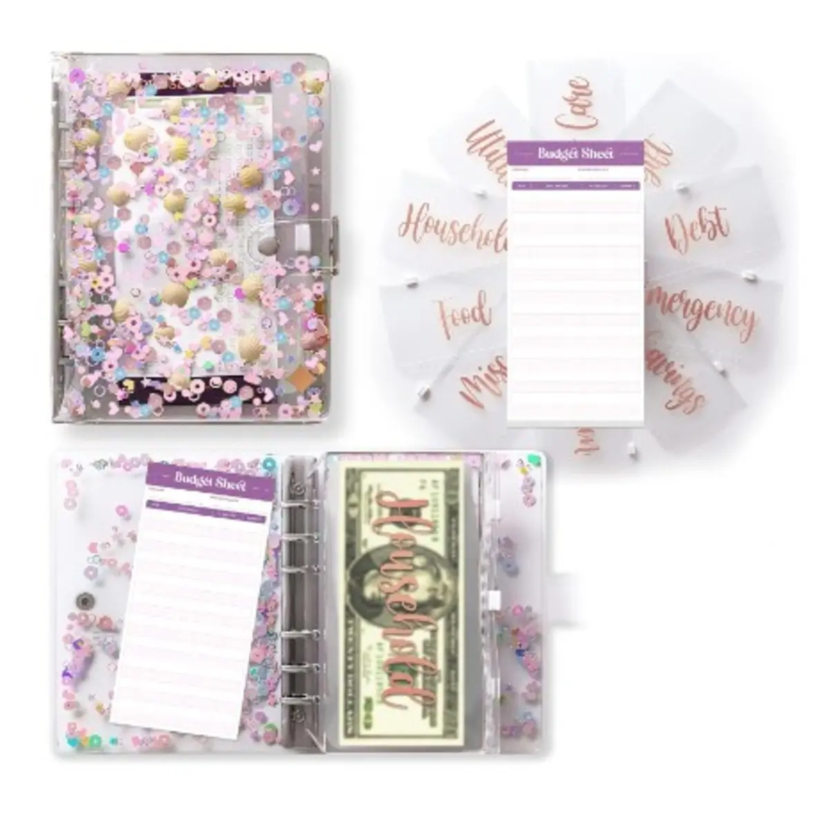Budget Binder with Zipper Envelopes - Glitter Money Organizer for Cash, A6 Binder Cash Envelopes for Budgeting, Money Saving Binder with Rose Gold Pre-Printed Stickers