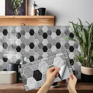 6/12/24/48 PCS FG PVC Crystal Tile Stickers Black White Grey Hexagon Marble Peel and Stick Backsplash Waterproof Oil-Proof for Kitchen Bathroom