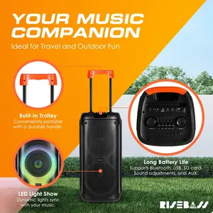 Portable Karaoke Machine with 2 Wireless Mics, Daul 8" Speakers, LED Lights, PA System, Remote, Bass/Treble Adjustment, SD Card/USB, REC Rolling Wheels and Trolley, Auto ducking Function.