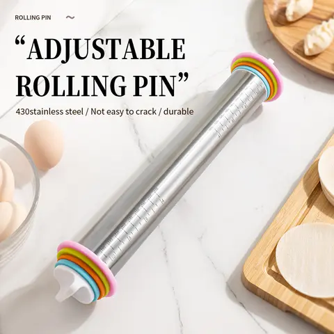 Adjustable Stainless Steel Rolling Pin with Thickness Ring, Non-Slip Sturdy Baking Tool, Baking Essentials, Baking Supplies, Bakeware for Pizza, Cookies, Pastries, Dough, 13.77 Inch