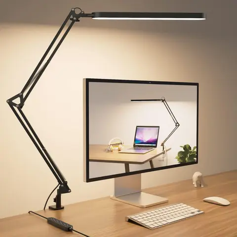 Black Height Adjustable LED Desktop Lamp - 26" Tall Reach, Dimmable Desk Lights, Adjustable Arm Lamps, 3 Color Modes, 10 Level Dimming, Timer Set & Forget, Memory Recall, Bases & Shades, Compact Packaging, Office Home Work Accessories