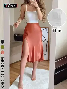 Women's Spaghetti Strap Cami Top & Satin Midi Skirt Set, Cropped Tank, High Waist Side Slit Button Decor, Back Zipper Closure, Smooth Draped Woven Fabric, Daily Casual Commute Date Night Dinner Party Wear