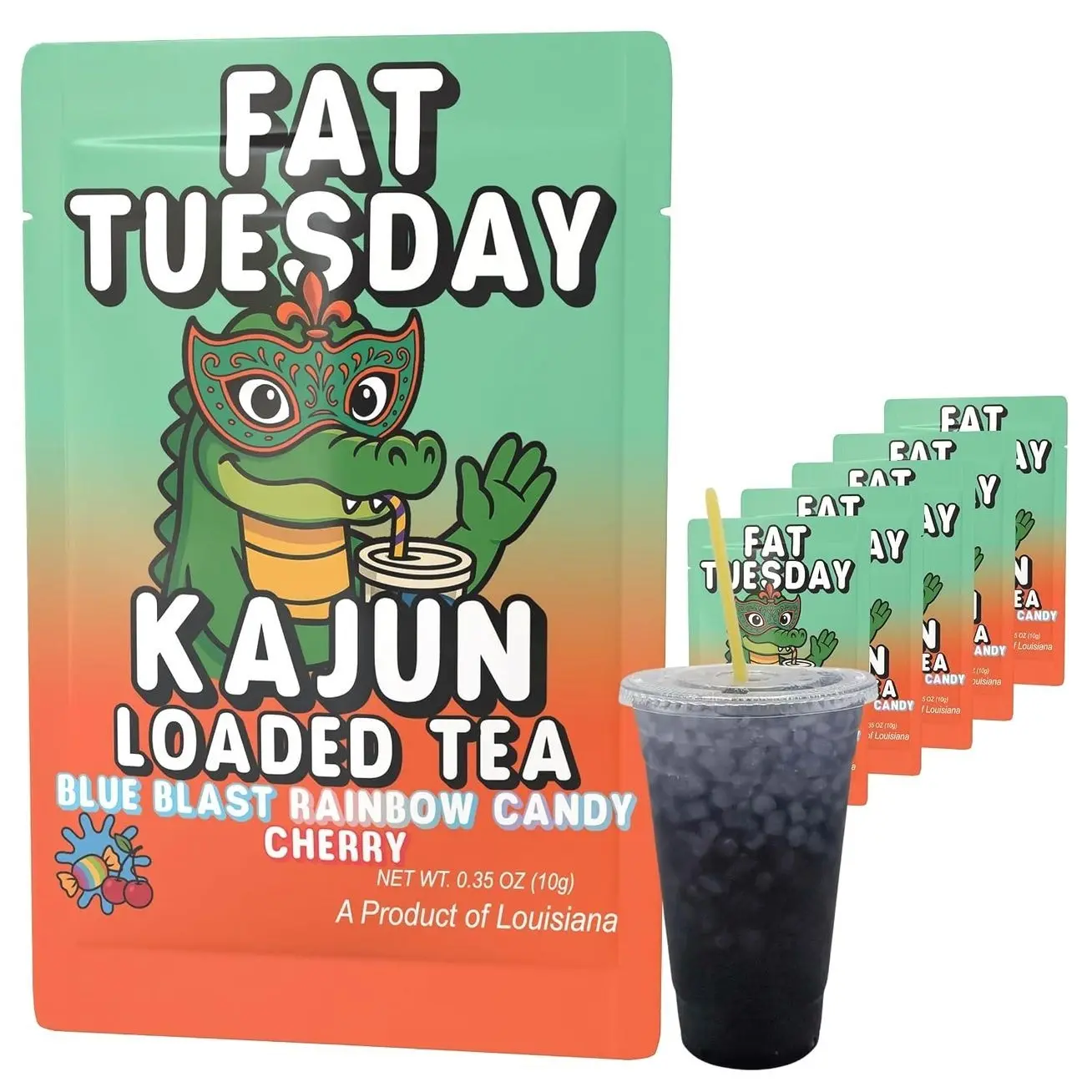 Kajun Loaded Tea Packets – Fat Tuesday | Blue Blast + Rainbow Candy + Cherry Flavor | Sugar Free Energy Tea Powder | 250mg Green Tea Caffeine | Zero Calorie | Keto Friendly