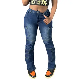 Women's Elastic Waist Cotton Comfort Clothes, Stretch Straight Leg Jeans with Pockets, Slim Fit Breathable Casual Minimalist Trousers for Everyday Wear