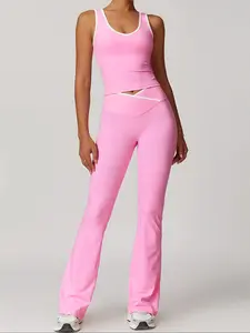 Women's Sporty Colorblock Gym Yoga Set, Gym Workout Set, Breathable Tight-Fitting Summer Sports Suit, Sleeveless Top with Removable Pads & Long Pants, Sportswear Set