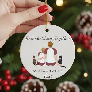 First Christmas Together Ornament Personalized Ceramic Keepsake Custom Portrait of Couple & Two Cats As A Family of 4 2025 Text Gift for Family of 4 Ceramic Ornament with Custom Design - Decor Print Glossy Round Decoration 1 Side