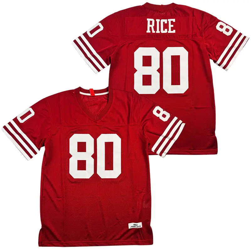 Men's 1994 Classic Football Jersey, #80 RICE Red V-Neck Breathable Mesh Polyester Shirt for Fans, Sewn Details, Machine Washable