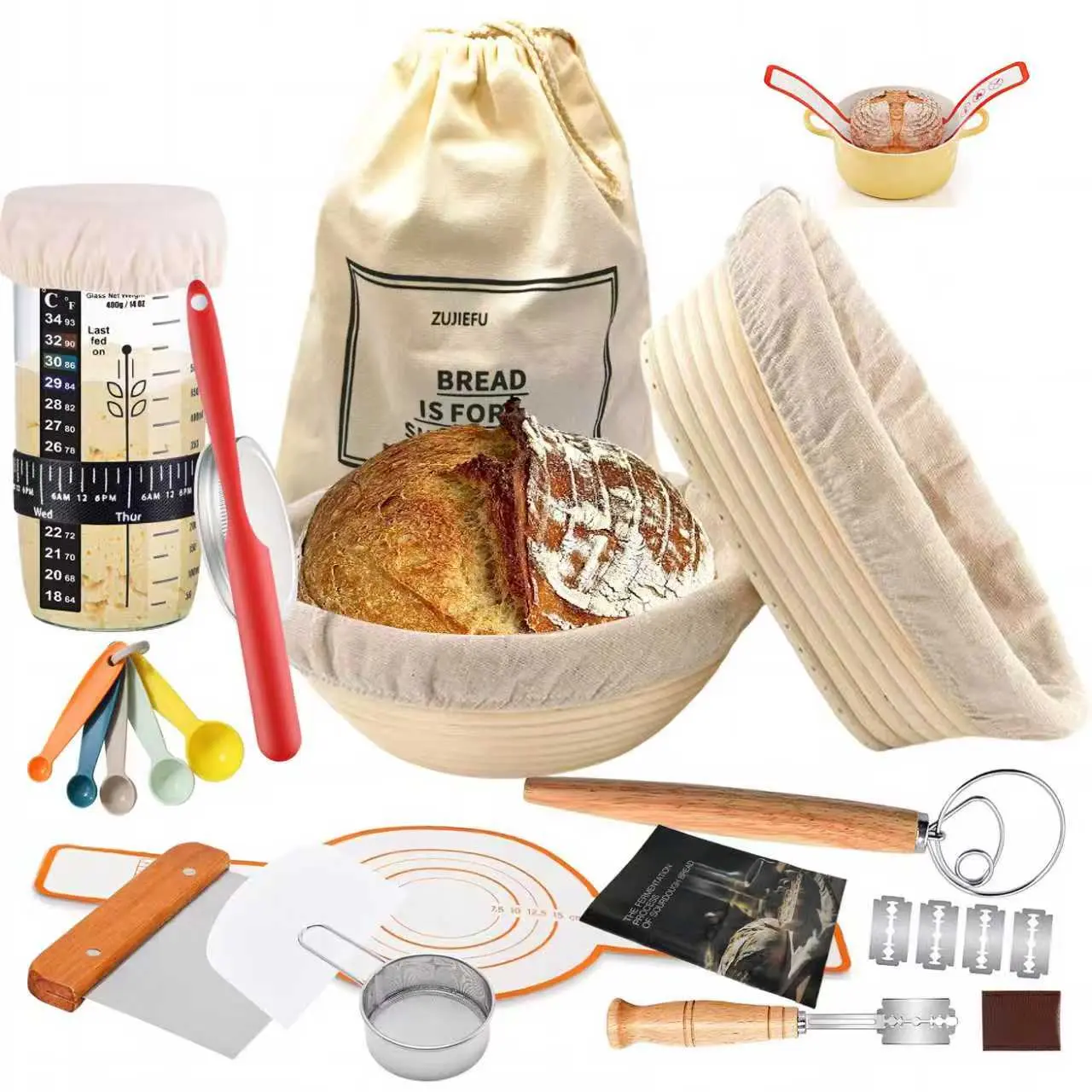 Handmade Natural Rattan Sourdough Starter Kit - 9in x 9in x 3in Round Banneton Proofing Basket, 10in Oval Banneton with Linen Liner, Washable Glass Jar, Silicone Bakeware Utensils, Kitchen Baking Supplies, Gift for Home Bakers