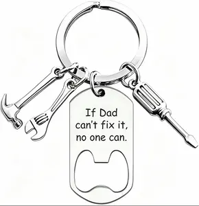 Stainless Steel Rectangular Graphic Dad Keychain - Father's Day Gifts with Mini Hammer, Wrench, Screwdriver Tool Charms, Casual Funny Mechanic Handyman Jewelry for Papa, Birthday Christmas Present