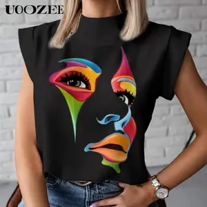 UOOZEE women's summer comfortable casual cap sleeve loose 3D human face print high collar T-shirt top, daily leisure, comfortable and breathable cute shirt Womenswear T-shirt (Sizing Runs Small - Check Size Guide or Order Larger)