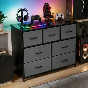 7 Drawer Wide Fabric Dresser for Bedroom, Chest of Drawers Storage Organizer Tower with Wood Top & Metal Frame, TV Stand for Clothes, Living Room, Hallway, Entryway