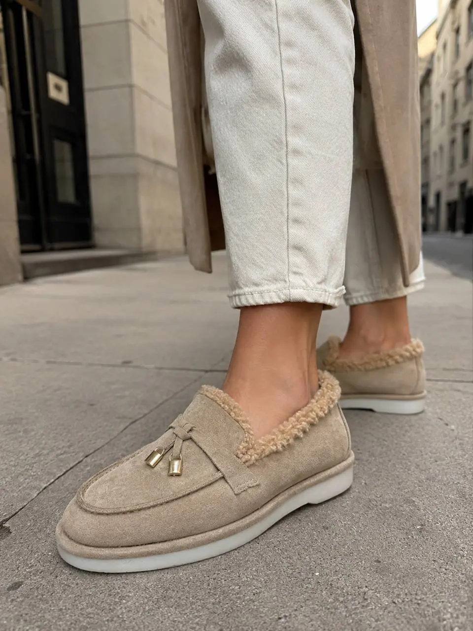 Women’s Tan Suede Loafers with Sheepskin Lining