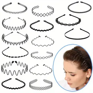 15Pcs Metal Hair Bands for Women Men , Spring Wavy Hoop Unisex Black Headband Slicked Back Non Slip Sports Hairband for Home, Outdoor, Sports and Yoga