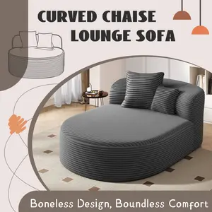 51.6" Curved Chaise Lounge Sofa, Boneless Corduroy Floor Couch, Compression Sofa Bed with 2 Supportive Pillows, Modern Upholstered Couch for Living Room & Bedroom, Gray