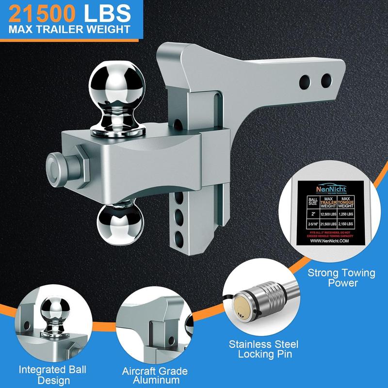 Adjustable Trailer Hitch, Drop Hitch Fits 2 Inch Receiver, GTW 21,500 LBS Aluminum Tow Hitches Dual Ball (2" x 2-5/16"), Heavy Duty Truck Hitch Ball Mount (5 Inch Drop Hitch)
