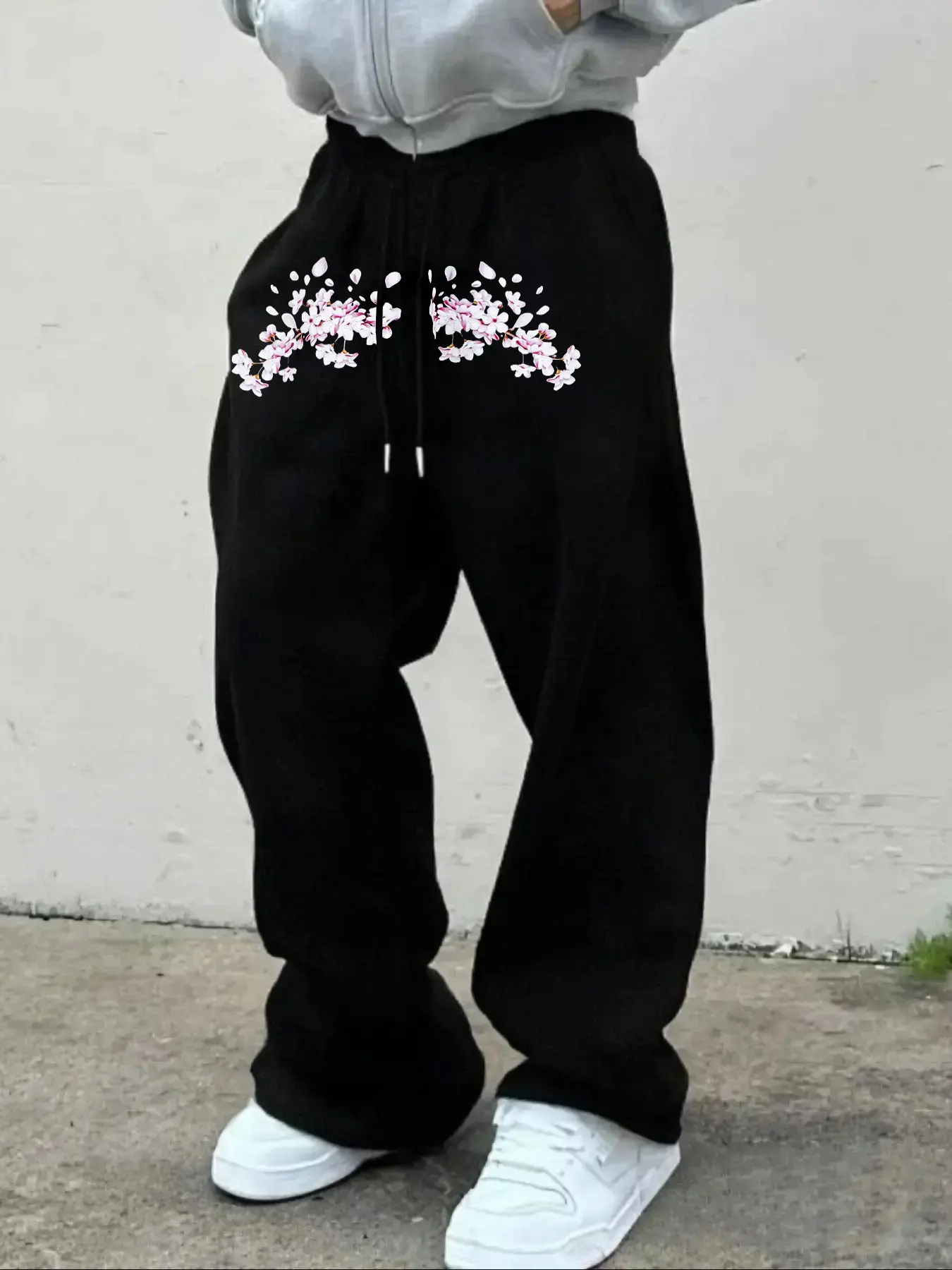 Men's Casual Sporty Long Pants, Cherry Blossom Graphic Print Sweatpants, Drawstring Wide Leg Leisure Pants, Tracksuit Bottoms, Casual Comfy Sweatpants, Drawstring Loose Sweatpants, All Season Men's Clothing
