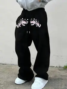 Men's Casual Sporty Long Pants, Cherry Blossom Graphic Print Sweatpants, Drawstring Wide Leg Leisure Pants, All Season Men's Clothing