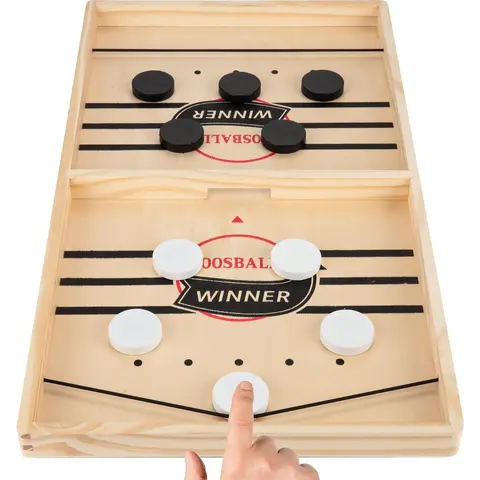Wooden Sling Puck Toy - Fast-Paced Table Hockey Battle with 10 Pucks, Portable Slingshot for Family Fun, Board Games Night