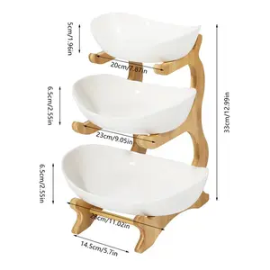 3 Layer Multi-Layer Ceramic Fruit Plate Bamboo Wooden Frame Household Basket Bowl Holder Vegetables Storage Kitchen Organizer Rack