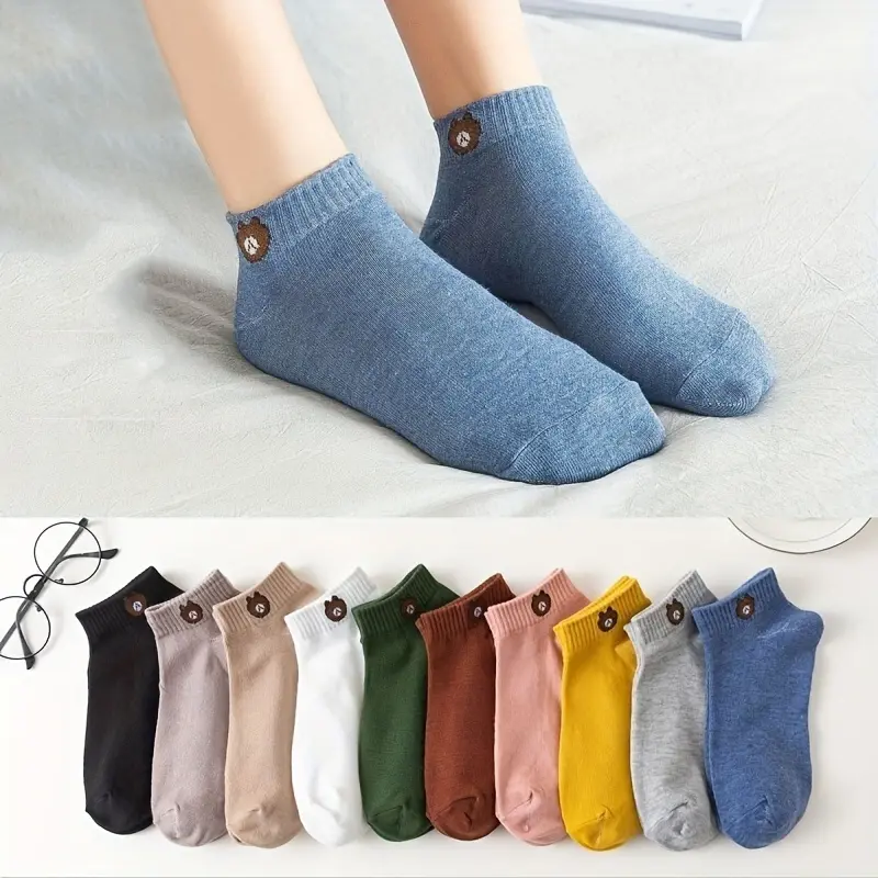 Women's Cute Cartoon Bear Ankle Socks (10 Pairs, Mixed Random Colors) - Breathable, Sweat-Wicking, All-Season Womenswear Socks, Mixed Colors - 10 Pairs (Random Colors)