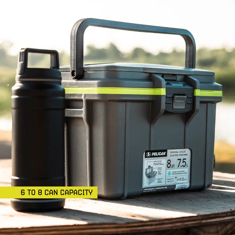 Pelican 8QT Insulated Plastic Portable Travel Cooler - Multifunctional Camping Picnic Gear with Basket, Lid Dry Storage, 6-8 Can Capacity, Integrated Ice Pack Compatibility, All-Day Cold Retention