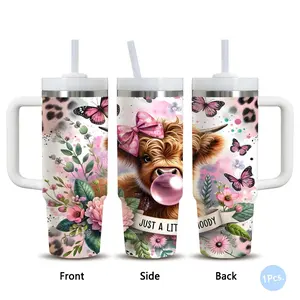 Cheetah Print Highland Cow  Vacuum Flasks 40oz Stainless Steel Vacuum Insulated Tumbler with Handle & Straw | Long-Lasting Cold & Heat Retention, Leak-Resistant | For Iced Coffee, Water, Office, Gym & Travel Insulated Drink Tumbler