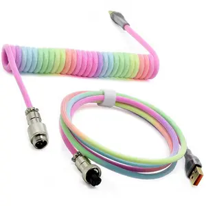 Braided Keyboard Cables 1.5m Coiled Type-C to USB A with Detachable Aviator Connector.for Gaming Keyboard/Tablet (Rainbow)