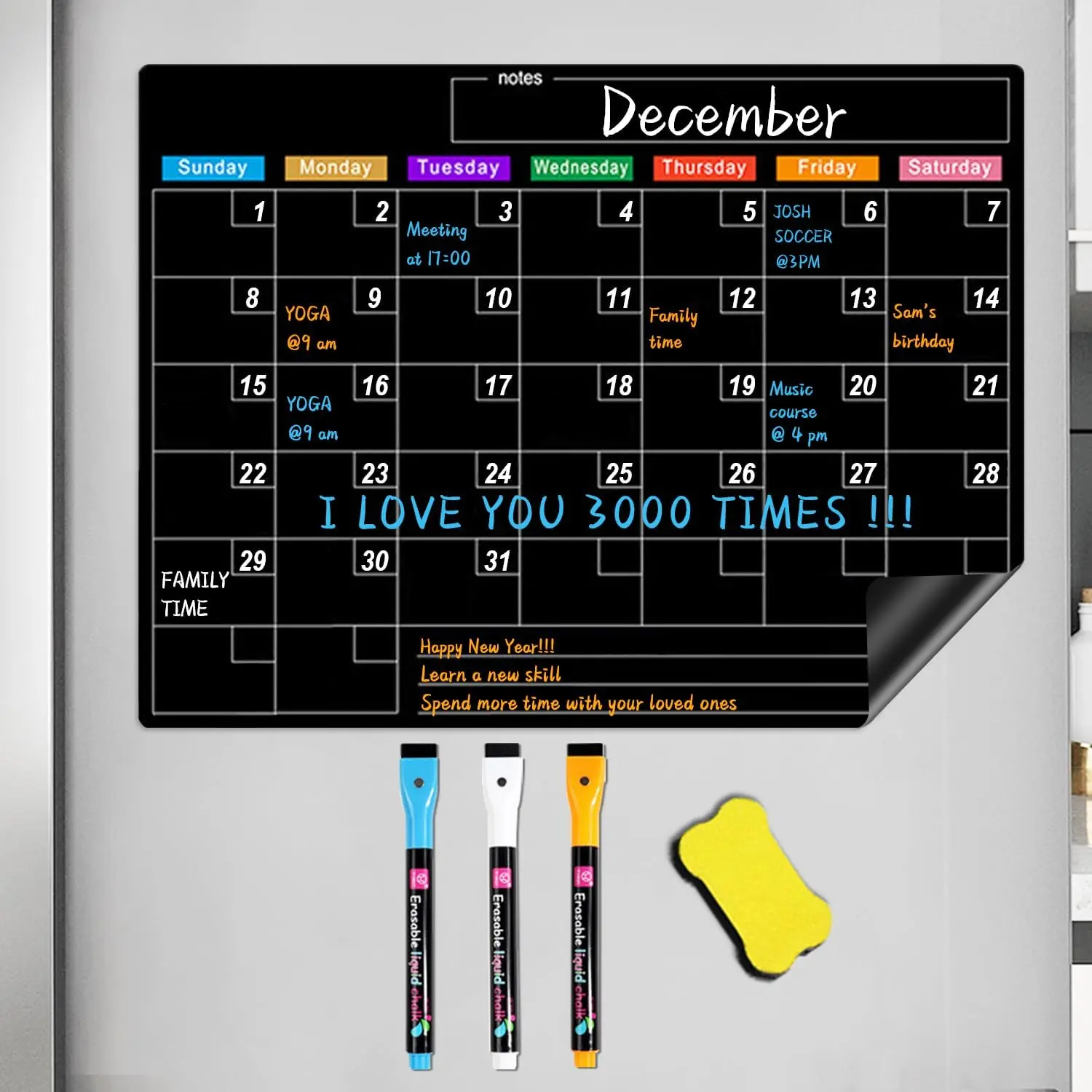 Dry Erase Calendar for Fridge, 17"x12" Monthly Black Board Calendar Planner for Refrigerator - No Stains Or Ghosts - 3 Fine Tip Markers and 1 Eraser - Planning Blackboard for Kitchen Office