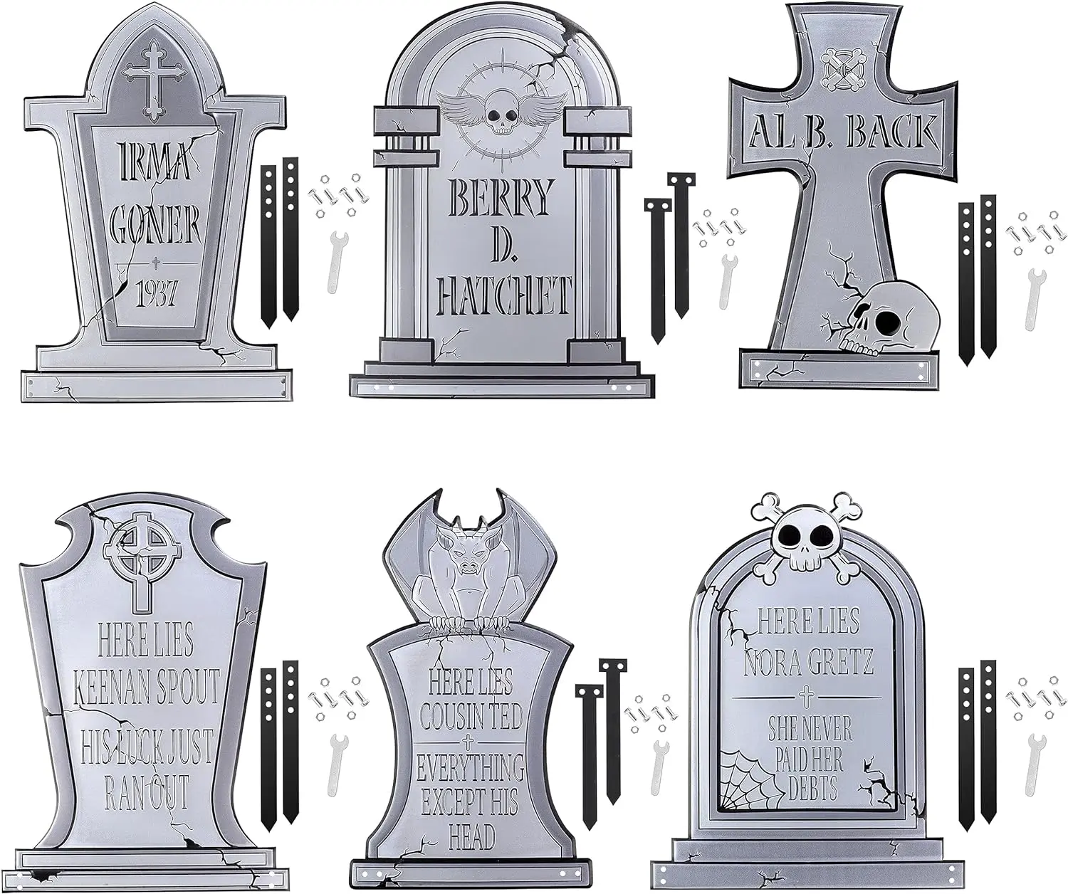 SCS Direct 3D Metal Ghost Tombstone-6 Designs-(Large 17" w Steaks) - Durable, Weather Rust Proof, UV Printed- Lawn Decor- No Flimsy Foam Graveyard Headstones