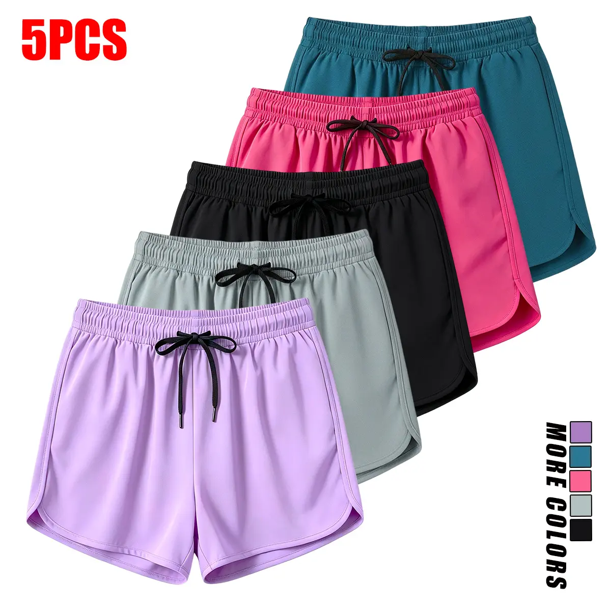 Women's Elastic Waist Casual Shorts, Solid Color Black Drawstring Athletic Shorts, Lightweight Split Hem Summer Running Workout Shorts for Ladies